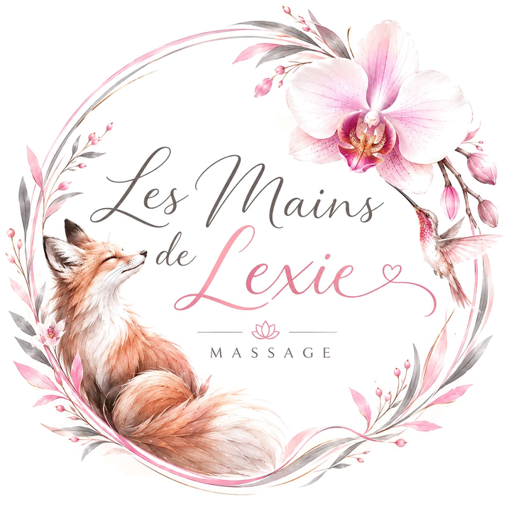 Logo Les Mains de Lexie : un renard, une orchidée et un colibri dans une couronne de fleurs